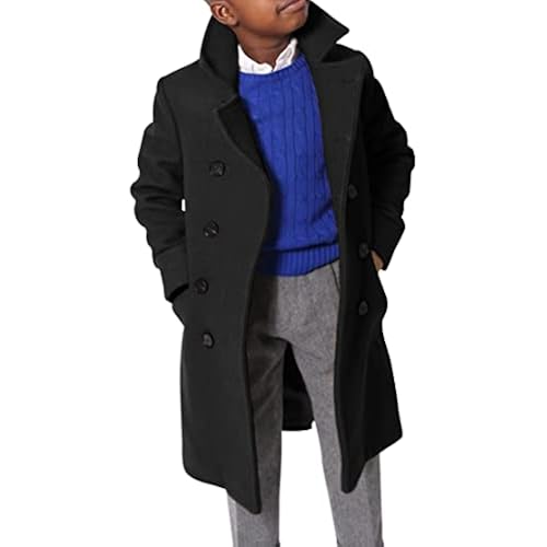 Ebifin Boys Notch Lapel Double Breasted Long Trench Coat Casual Classic Peacoat