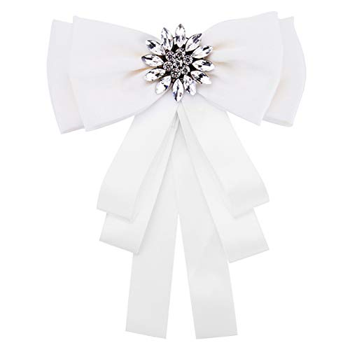 1PCS Elegant Crystal Ribbon Bow tie Brooches Collar Pin Jewelry Pre-Tied Bow Tie Collar Tie Neck Tie Brooch Pin Suit Styling Jewelry for Women Lady Wedding Party (White)