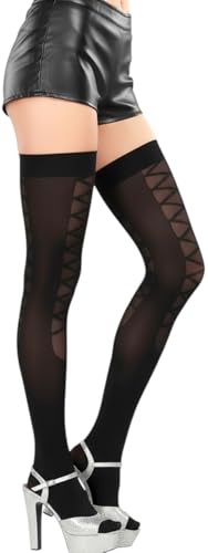 Image of ToBeInStyle Women's Lace Up Back Seam Tights Sheer or Opaque Hosiery Stockings Crisscross Lace Ribbon Zigzag Design