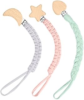 Vicloon Dummy Clips for Baby, 3 Pack Wooden Baby Dummy Clips, Soother Pacifier Chain Holder Clips BPA Free Baby Dummy Chain for Teether Toy or Soothie
