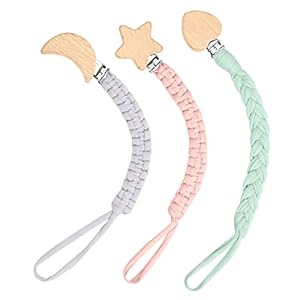 Vicloon Cadena Chupetes de Clip para Bebé,3PCS Chupete de Algodón, Cadena de Chupete de Tela con Lindo Clip de Madera para Niños y Niñas Recién Nacidos
