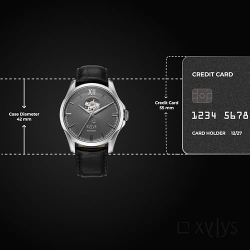 Image of Xylys Provenance Swiss Automatic Analog Grey Dial Black Leather Strap Watch for Men - 40059SL02E