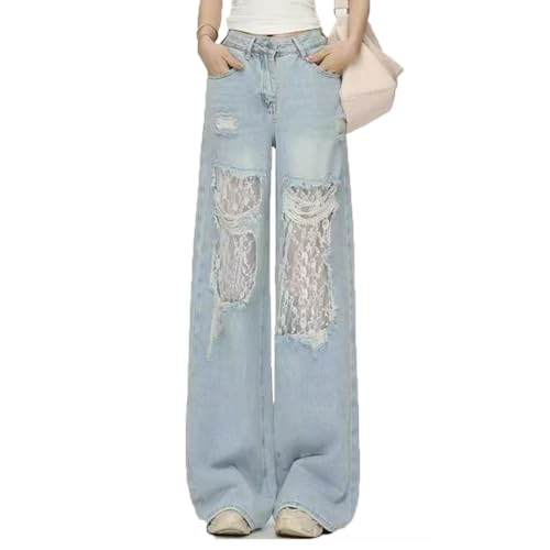 LAFOURAM Petite Jeans for Women 5 FT Short Wide Leg Baggy Y2K Lace Patchwork with Hole Denim Pants