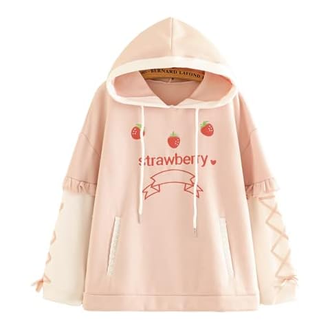 Cute Strawberry Hoddies for Women Janpanese Style Pullover Hoodie Sweatshirts Pink Long Sleeve Lace Ribbon Causal Top Outwear Autumn Cover