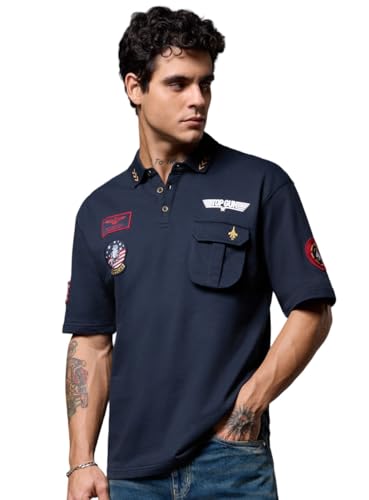 Image of The Souled Store Official Top Gun: Classic Men and Boys Short Sleeve Collared Neck Navy Blue Cotton Oversized Polos