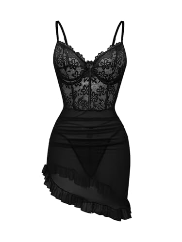 Image of Foxiny Sexy Corset Bodycon Ruffle Sheer Underwire Mesh Lace Floral Outfits Babydoll Lingerie Set Dress with Thong 2 Piece