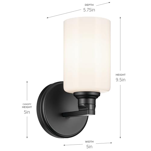 Image of Kichler Gioe 5 inch 1-Light Wall Sconce Bathroom Light Fixture with Opal Glass in Black, Damp Rated for Powder Room, Kitchen, Hallway, Bedroom (5 inch x 9.5 inch x 5 inch), 55224BK