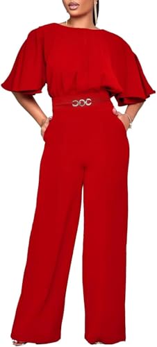 Mujer Elegante Suelto Pierna Ancha Vestido Mono Casual Sexy Talla Grande Pantalones De Pierna Ancha Conjunto Manga Acampanada Lazo Cintura Mono Delgado Ropa De Fiesta (Rojo,L)