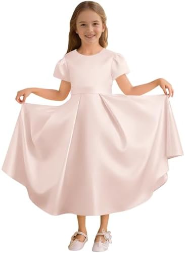 Satin Flower Girl Dress Puff Sleeve Long Junior Bridesmaid Dresse...
