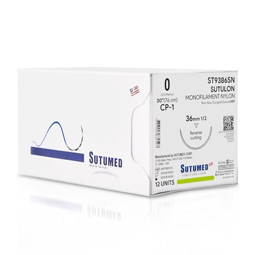 Sutumed SUTULON Non-Absorbable Nylon Surgical Suture USP Size 0, 1/2 36mm Reverse Cutting Needle, 30 Inches (76 cm), 12 Count