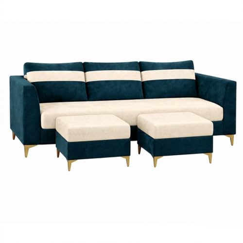 Image of FURNY Nova 5 Seater L Shape Sofa Set with 2 Movable Ottoman | Flexible Left or Right Layout | Plush Velvet Fabric (Greenish Teal-Cream) | Perfect for Living Room, Guest Room & Office