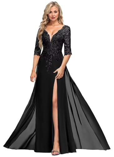 Tixlear Modest Bohemian Mother of The Bride Dresses Beach Wedding Lace Applique Grandmother of The Bride Dress for Women 2025 Black Formal Gown US10,Black,10
