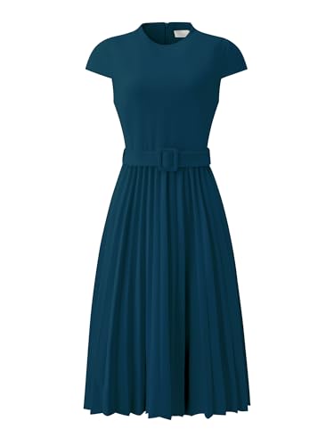 Women's Pleated Dress Mock Neck Cap Sleeve Belted A-Line Dresses