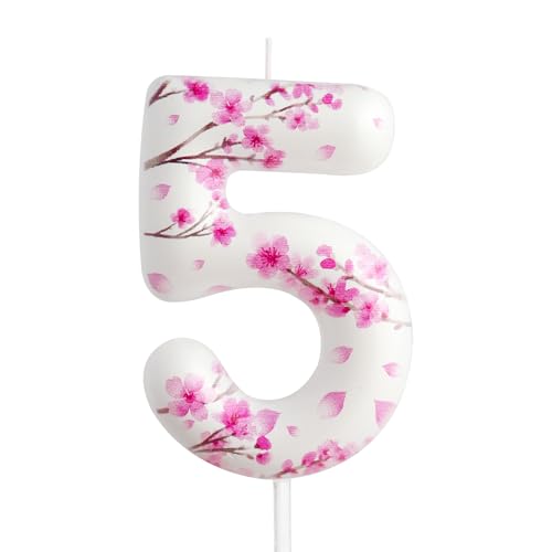 Vela de cumpleaños número 5, vela de cerezo en flor de cerezo,