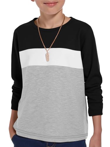 Haloumoning Boys Long Sleeve Shirts Kids Fashion Fall Tops Crewneck Color Block Tees 5-14Y Black