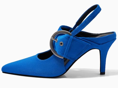 Image of Coutgo Womens Slingback Pumps Closed Pointed Toe High Heels Belt Buckle Strap Dressy Work Shoes