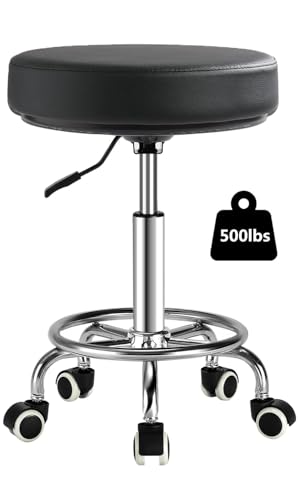 LIMKOMES Adjustable Rolling Stool with Wheels Heavy Duty 500lb Round Rolling Stool with Footrest, Patent Leather Drafting Stool Chair with Wheels Work Spa Salon Seat, Black
