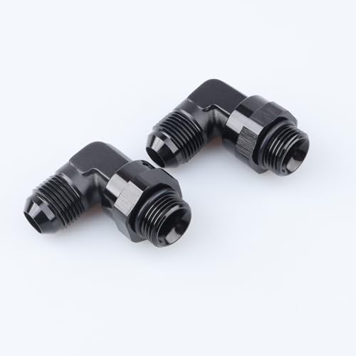 Image of AC PERFORMANCE Aluminum 90 Degree -8 AN Male Flare to -8 AN ORB O Ring Port Swivel Fitting Adapter, Black Pack of 2