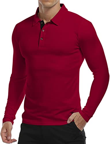 Amazon Brand – Hikaro Polo de Manga Larga para Hombre, Camiseta de Entrenamiento elástica, Polo Ajustado Informal, Camisa de algodón para Hombre, diseño Simple Rojo Medium
