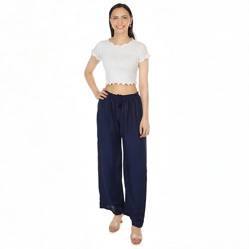 Image of Women's Rayon Palazzo Pants | Solid Color Wide Leg Trousers in 18 Shades | Elastic Waist Casual Bottoms XS-7XL | Comfortable