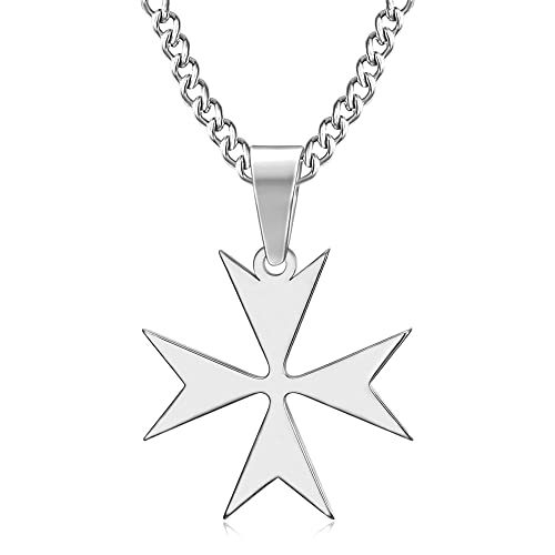 BOBIJOO Jewelry - Pendentif Collier Croix de Malte ou de Saint Jean Acier Inoxydable 316L Argenté Chaîne Templier