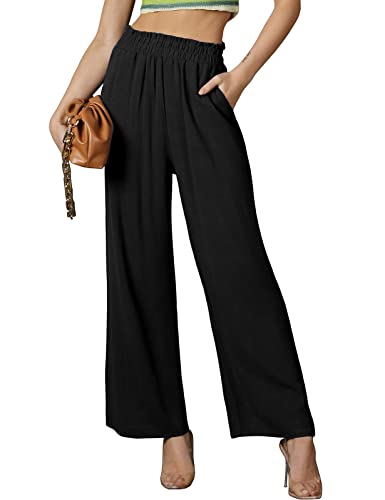 DOUBLJU Women Linen Pants Casual Loose High Waist Boho Wide Leg Cropped Palazzo Beach Pants Summer Outfits for wonen 2024