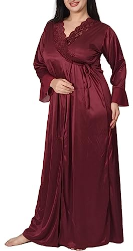 Image of Women's Satin Solid Maxi Nighty Full Sleeve 1 Nighty, 1 Wrap Gown Night Dress Ladies
