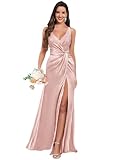 MAGGCIF Rose Gold Bridesmaid Dresses for Wedding with Slit Satin Mermaid Pleated Long Formal Evening Dress Size 14
