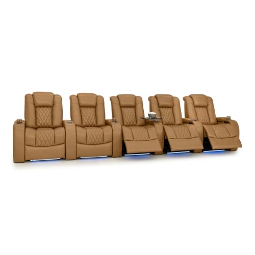 Image of Seatcraft Diamante Tan Oak Italian Leather Home Theater Seating, Zero Gravity Power Recliner Gaming and Home Office Chair, Powered Headrest Lounge Sofa Furniture for Cinema Room, Row of 5