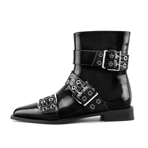 KaroNairy Buckle Ankle Boots for Women Low Heel Zip Chelsea Boots Pointed Toe Fashion Dress Short Booties2