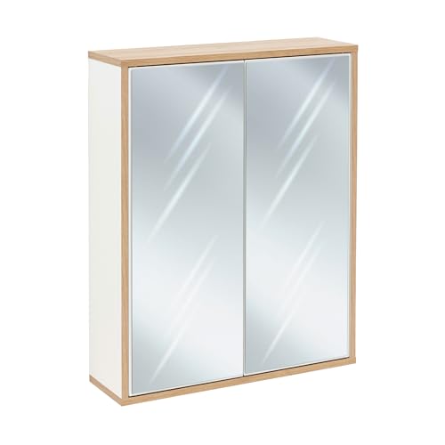 BadeDu Minho Spiegelschrank – 60 cm in Weiß/AST-Eiche, moderner Spiegelschrank im skandinavischen Design, mit innovativem Push-to-Open System, Made in Germany