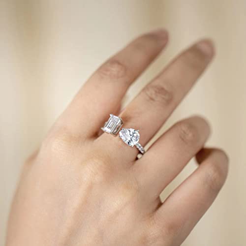 Eternity Rhodium Plated Solid Silver Two Stone Engagement Ring 3ct Pear and 3ct Emerald Shape Zircon Open Adjustable Wedding Anniversary Ring4