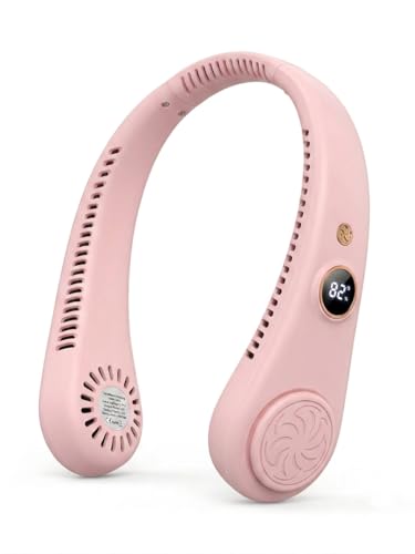 Image of Portable Neck Fan with Digital Display | 5-Speed Adjustable | 180 Cooling Bladeless Wearable Fan | Hair-Safe Hanging Design | Rechargeable Fan for Home Office Travel & Outdoor (Baby Pink)
