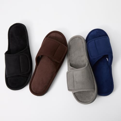 Image of Men's Open Toe Slippers, 60D Memory Foam Indoor Slip on All-Season Wear | Adjustable Strap, Luxurious Suede Upper, Machine Washable, Gift, Moisture-Wicking Coral Fleece Lining