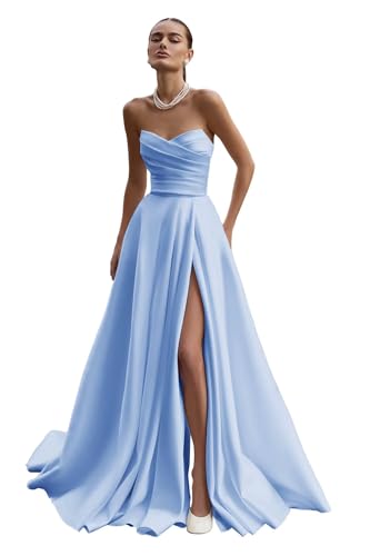 Sky Blue Strapless Satin Gown