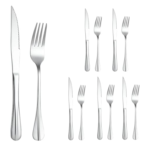 Biluer Cuchillos De Mesa, 12 Pcs Cubiertos De Acero Inoxidable 6 Pcs Cuchillos Carne + 6 Pcs Tenedores Arcos Adecuados Para Comidas Familiares, Reuniones Festivas y Acampadas Al Aire Libre