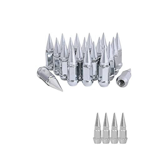 Image of 9 /16-18 Wheel Spike Lug Nuts, Set of 20 Chrome Lug Nut, Cone /Conical Bulge Seat,Closed End Nuts Extended Spike Tuner Wheel Rim Lug Nuts Tire Screw Refit with 4pcs Aluminum Tires Valve Stem Cover Caps