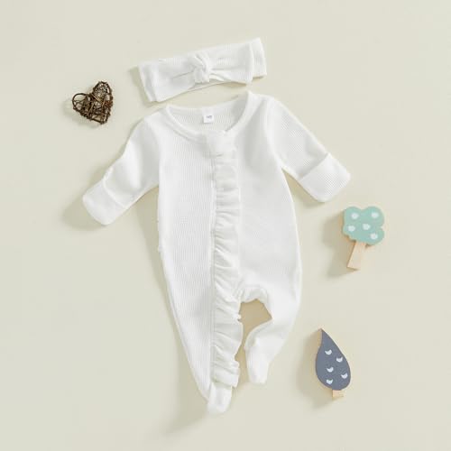 Fanvereka Newborn Infant Baby Girl Fall Outfit Romper 3 6 12 Months Girls Long Sleeve Full Length Zipper Footie Headband3