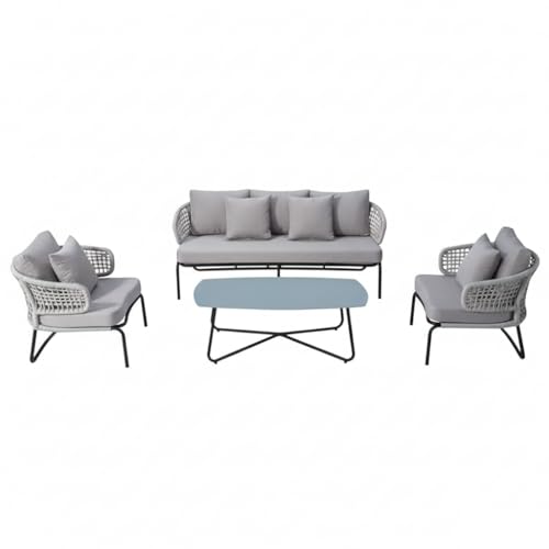 Image of LOCCUS Outdoor Patio Rope Furniture Set - 4-Seater Conversation Sofa Set with Cushions & Glass Coffee Table, Perfect for Garden, Terrace, and Backyard (Grey)