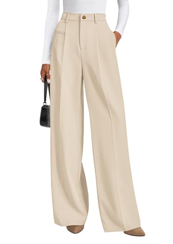 PRETTYGARDEN Womens Wide Leg Dress Pants 2026 Business Casual Flowy Work Palazzo Pants High Waisted Slacks Trousers (Beige,Large)