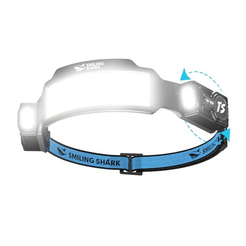 Smiling Shark Stirnlampe, Superhell Stirnlampen LED Wiederaufladbar mit 6 Breitstrahl & Einstellbar Spotlight Bewegungssensor 2400 mAh Akku 6 Modus Kopflampe für Joggen Wandern Camping