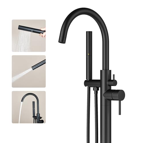 Ryuwanku Freestanding Bathtub Faucet Matte Black Tub Filler Floor Mount Free Standing Metal Bathroom Tub Gooseneck Spout With 2 Function Hand Shower