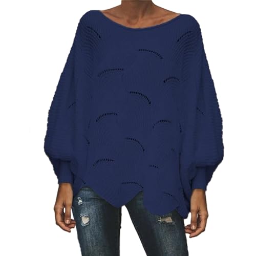 Sudadera de murciélago para mujer chic – Jersey ancho para mujer, tops calados, transpirable, sudadera hermosa, blusas casuales, sudaderas, primavera, otoño, suéteres elegantes, color sólido, azul