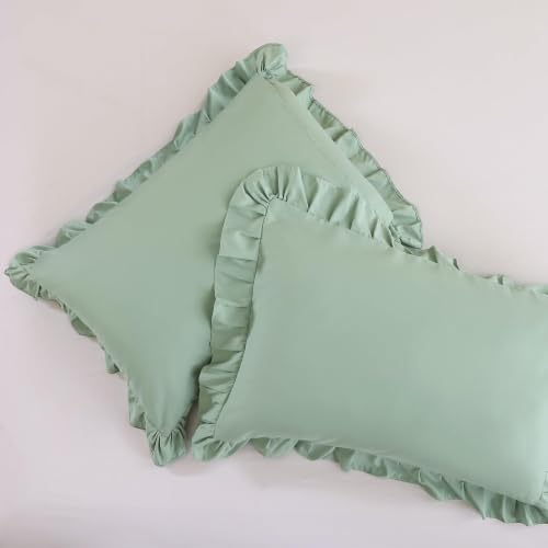 Image of JANZAA Sage Green Comforter Set Queen - Soft Microfiber, Lightweight All Season Bedding, Ruffle Shabby Chic Aesthetic, Breathable Cozy Bed Set with 2 Pillow Shams, Machine Washable