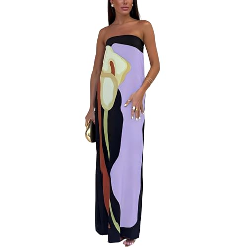 Image of Women Y2k Strapless Maxi Dress Summer Backless Floral Long Tube Dress Off Shoulder Cocktail Party Dress