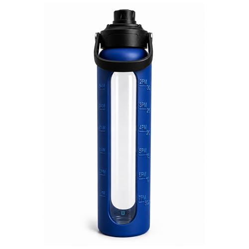 Image of Rioware1 Litre Motivational Borosilicate Glass Sipper with Silicone Sleeve, Time Markings, Airtight,Leak-Proof BPA-Free Eco-Friendly, Reusable Bottle For Fridge, Gym, Travel, Office & Home (BLUE)