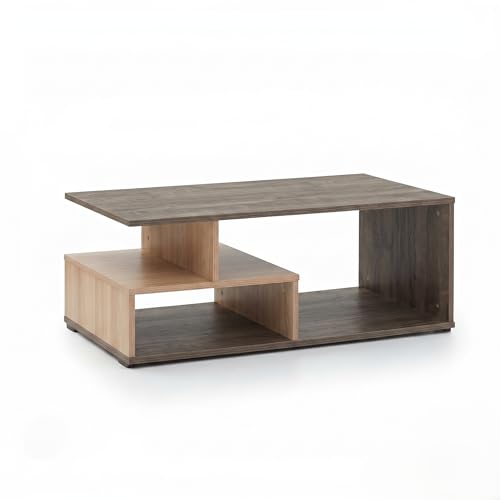 Image of Nexus Geometric Center Table - Modern 2-Tier Coffee Table with Staggered Storage Shelves for Living Room | Premium 15mm Engineered Wood, Dark Walnut & Light Oak Finish (90x50x35 cm)