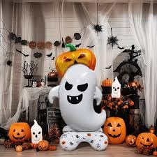 Image of AMFIN (Pack of 1) Self Standing Halloween Ghost Funny Balloon with Pumpkin Hat - 47 inch Tall Self-Standing Foil Balloon | Giant Inflatable Air Balloon - White