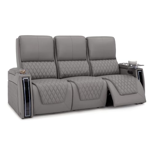 Image of Seatcraft Apex Gray Italian Leather Home Theater Seating, Zero Gravity Power Recliner, Powered Headrest and Lumbar Gaming and Home Office Chair, Lounge Sofa Furniture for Cinema Room, Row of 3 Sofa