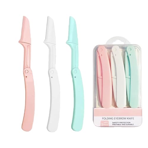 眉毛カミソリ、女性用アイブロウトリマー、折りたたみ式トラベルパック3錠、女性用フェイスカミソリ|女性用眉毛カミソリ&フェイスシェーバー、フェイシャルヘアカミソリツール フェイシャルシェーバー ダーマプレーニングツール